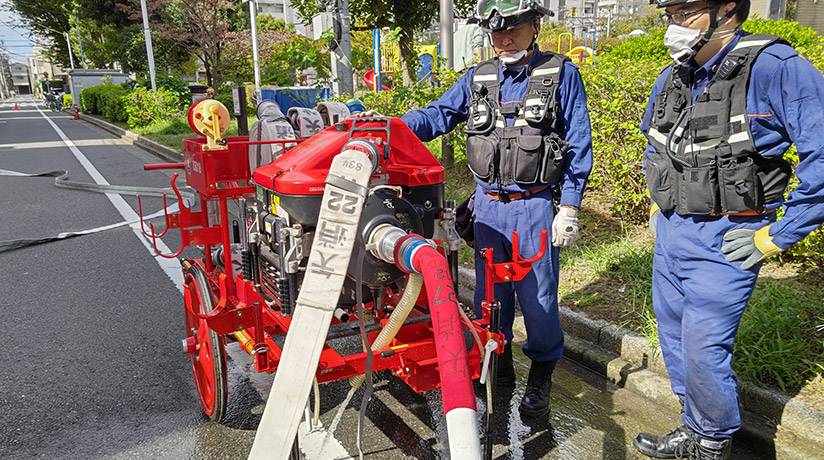 東京都大田区 矢口消防団 定期訓練 可搬ポンプ操作訓練